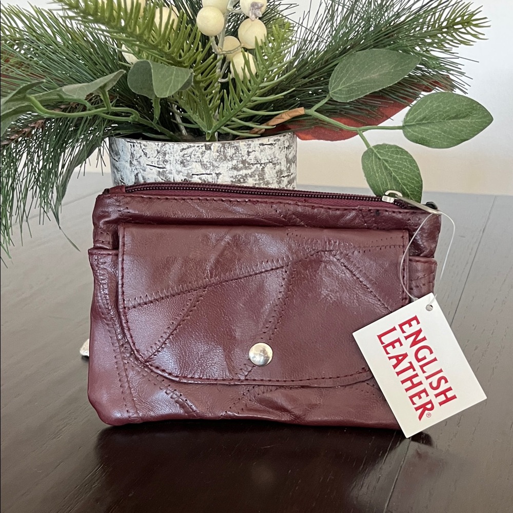 NWT English Leather Dark Burgundy Brown Patchwork Zipper & Snap Wallet Pouch